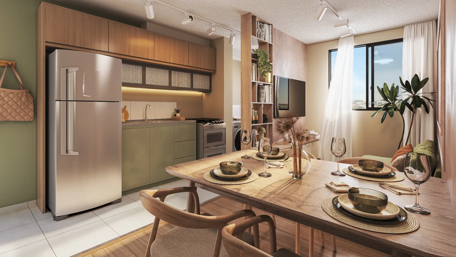 Cozinha e sala de jantar decorada do apartamento Gran Terrazo
