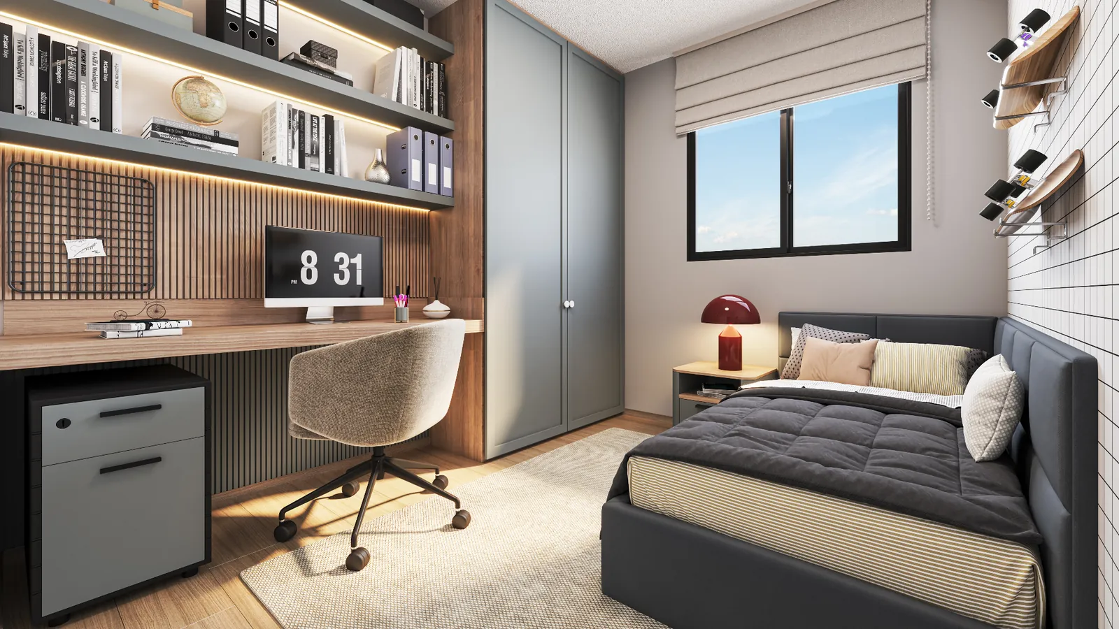 Quarto decorado com home office do apartamento Gran Terrazo